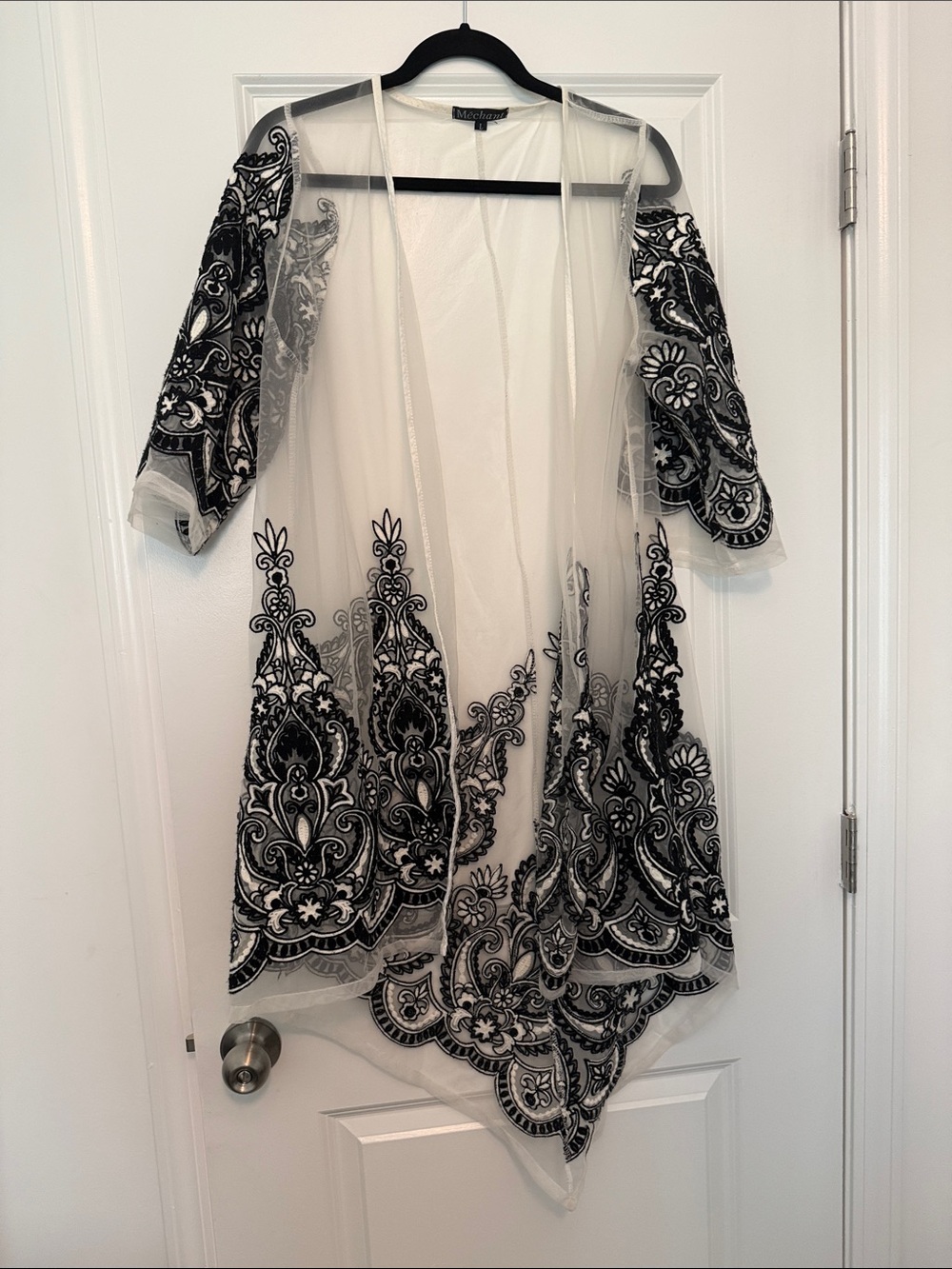 Sheer Black & White Embroidered Open Duster Jacket